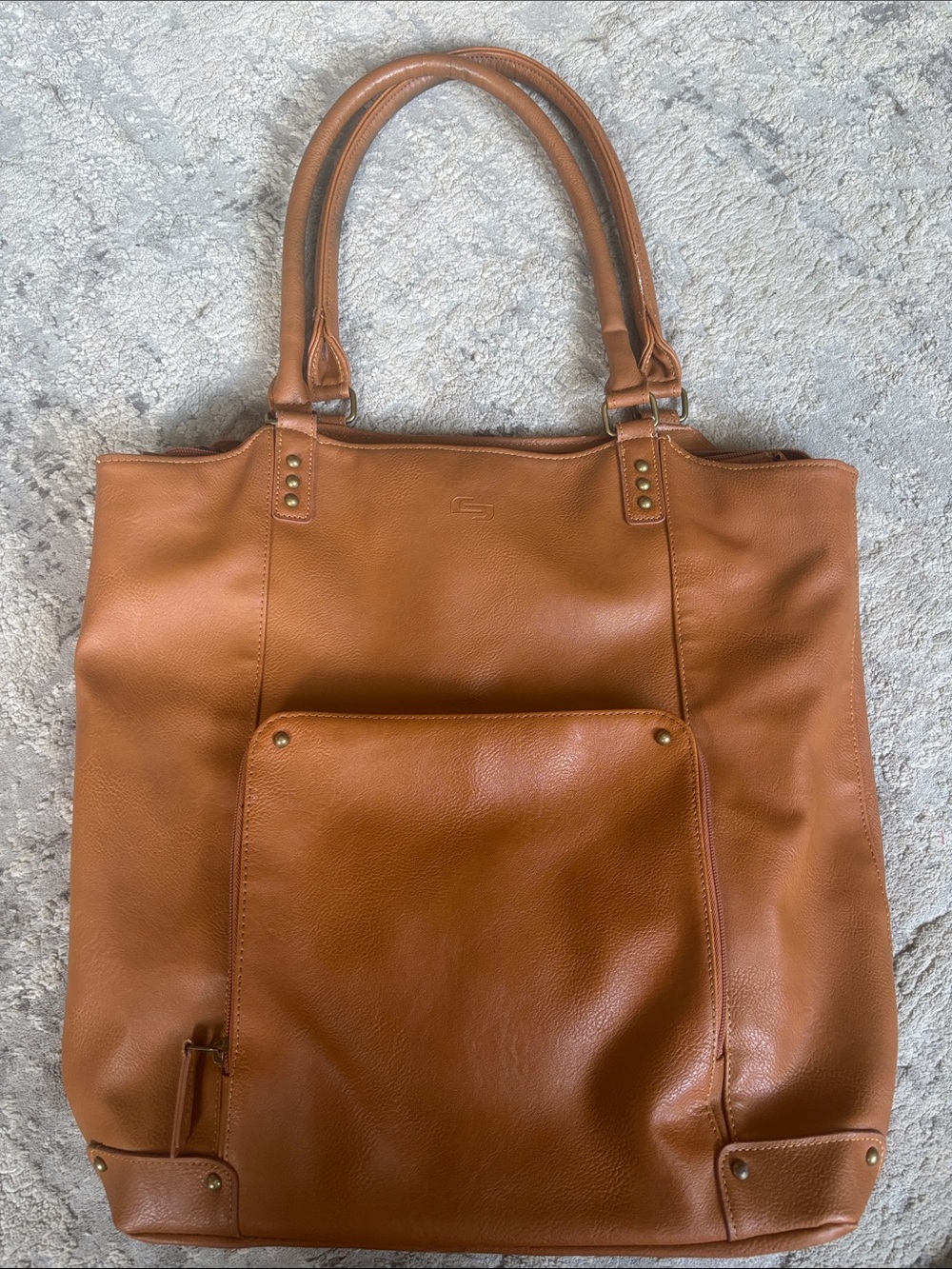 solo Cognac Brown Pebbled Leather Tote with Front Pocket